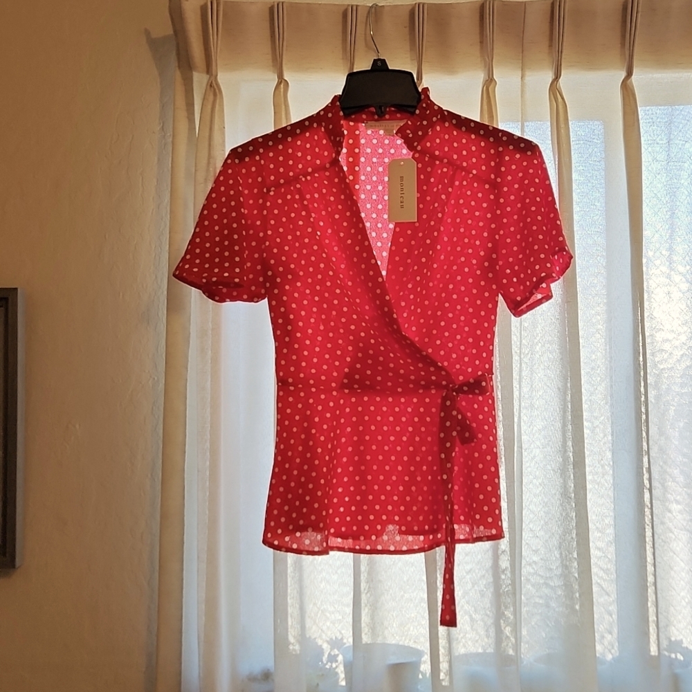 Cute red with white polka dot bow-tie blouse